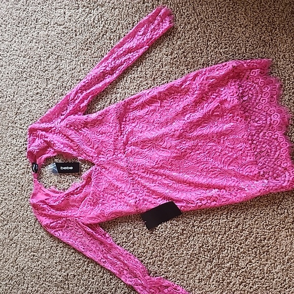 Bebe Scallop Lace Open Back Mini Stretch Dress Hot Pink NWT Medium Long Sleeve - Picture 6 of 11